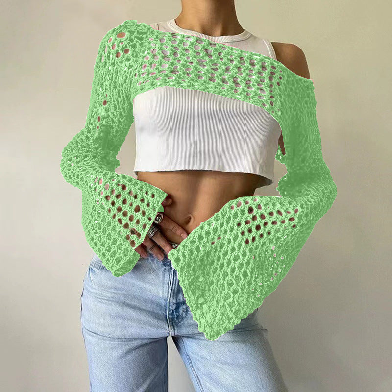 Women's Hand-Knitted Sweater, Casual Ultra-Short Style With Flared Sleeves