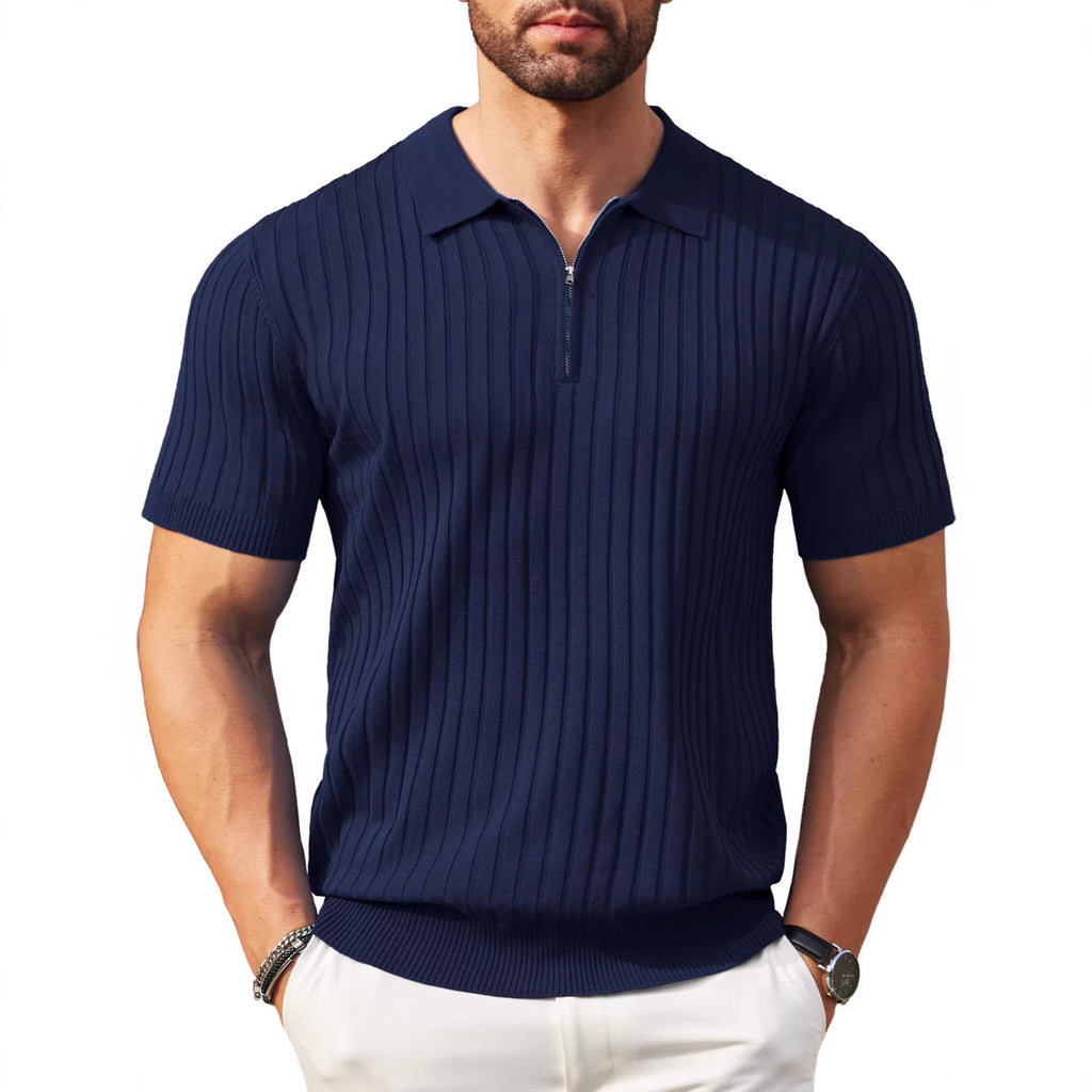 Mens Zip-Up Short-Sleeve Rib-Knit Polo T-Shirt Fashionable Casual Golf Shirt