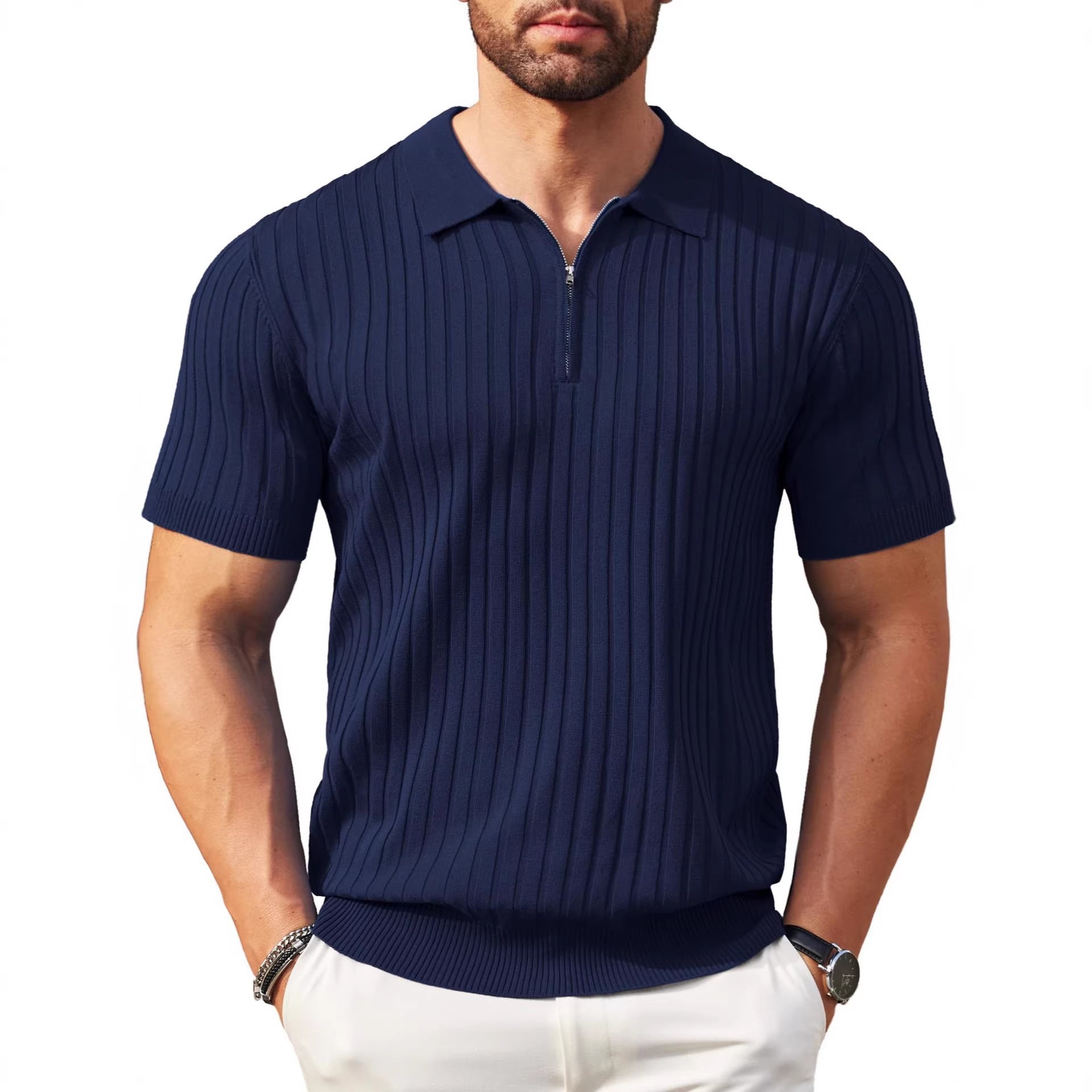 Mens Zip-Up Short-Sleeve Rib-Knit Polo T-Shirt Fashionable Casual Golf Shirt