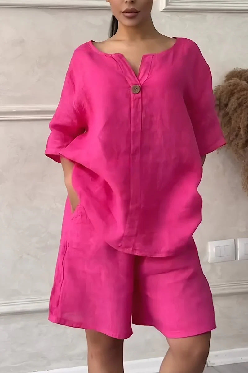 Cotton-linen Shirt Set With High-waisted Loose Shorts For Women