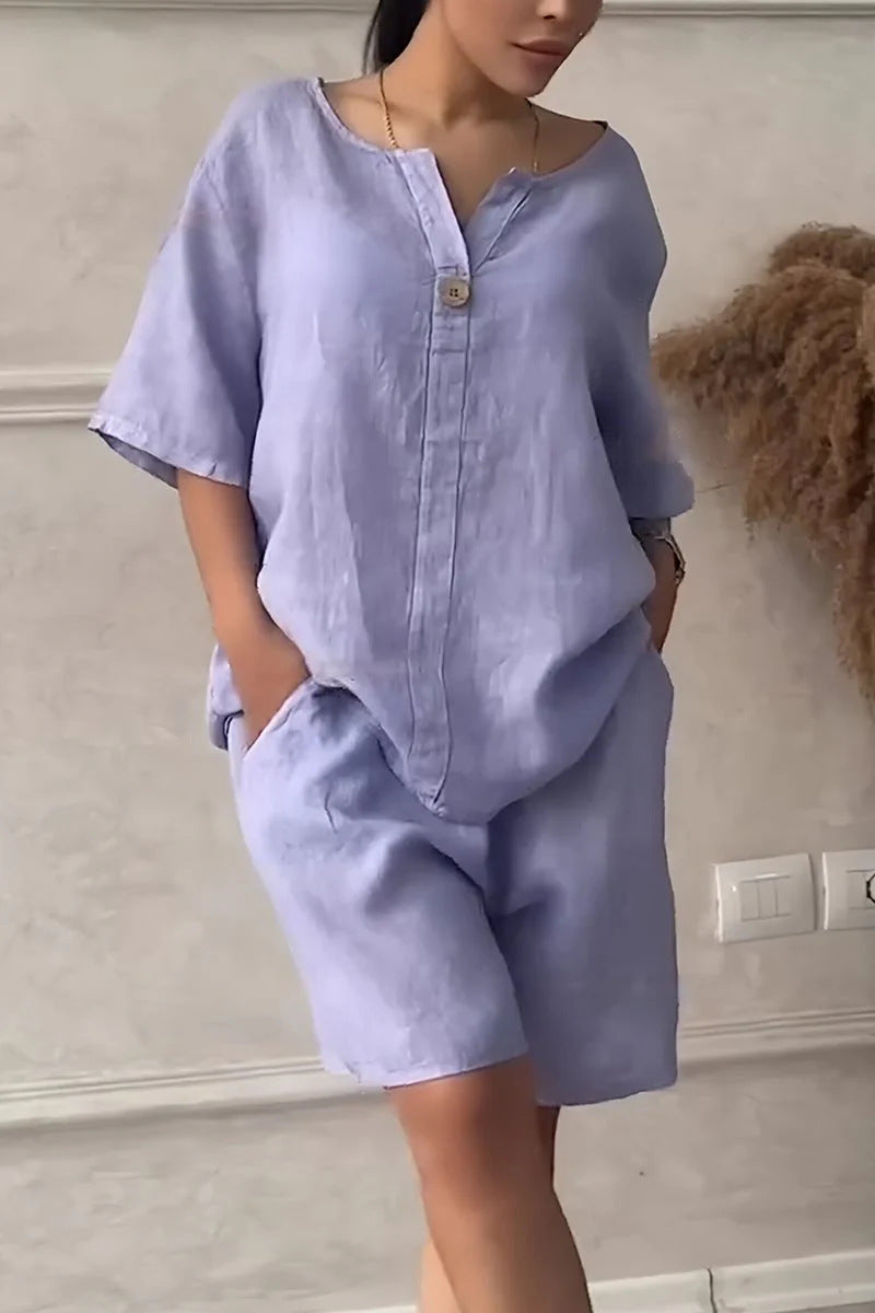 Cotton-linen Shirt Set With High-waisted Loose Shorts For Women