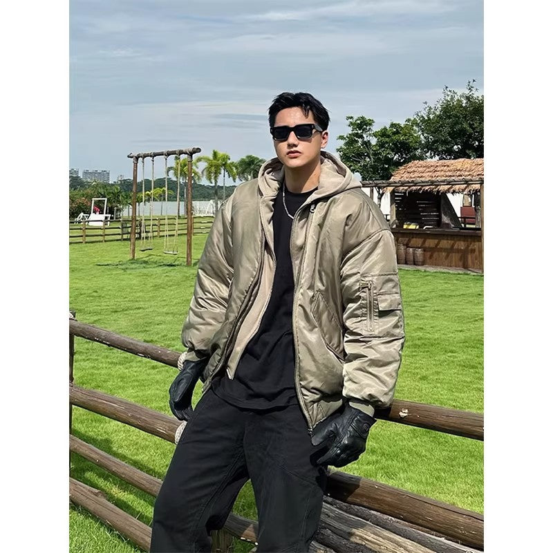 Mens Black Faux Two-Piece Hooded Flight Jacket Padded Coat