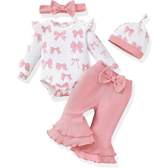 Long-style Romper With Flutter Sleeves Cute Flared Pants Hat And Headband