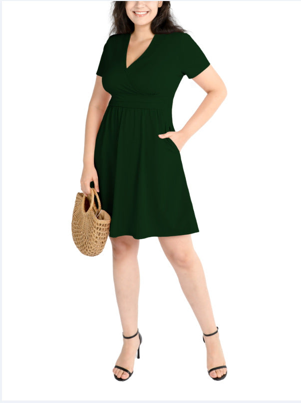 Womens Short-Sleeve Printed Pocket Mid-Length Cinched Dress