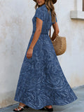 Printed Lapel Collar Defined Waist A-Line Maxi Dress