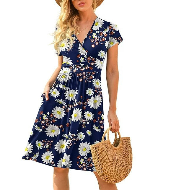 Womens Short-Sleeve Printed Pocket Mid-Length Cinched Dress