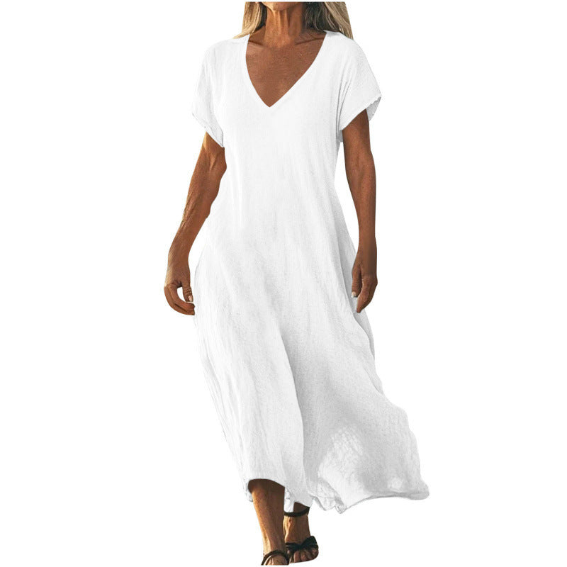 Cotton Linen V-neck Short Sleeve Loose Dress Women's Clothing