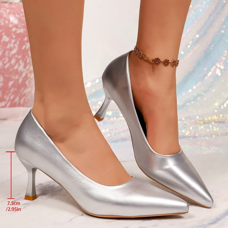 Women's Plus Size Silver Pointed Toe High Heels, Spring New Arrival Thin Heel Patent Leather Pumps, Professional & Wedding Party Shoes