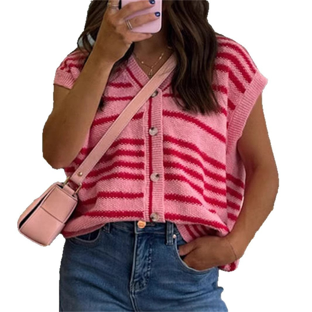 Knitted V-neck Outerwear Versatile Pullover Short-sleeve Cardigan