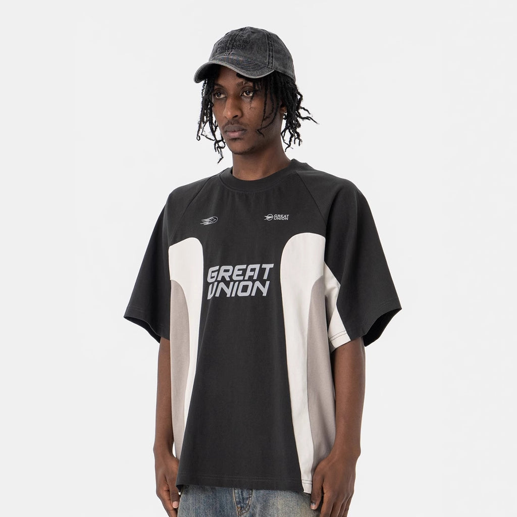 Mens American Retro Racing Club Patchwork Crewneck Short-Sleeve T-Shirt