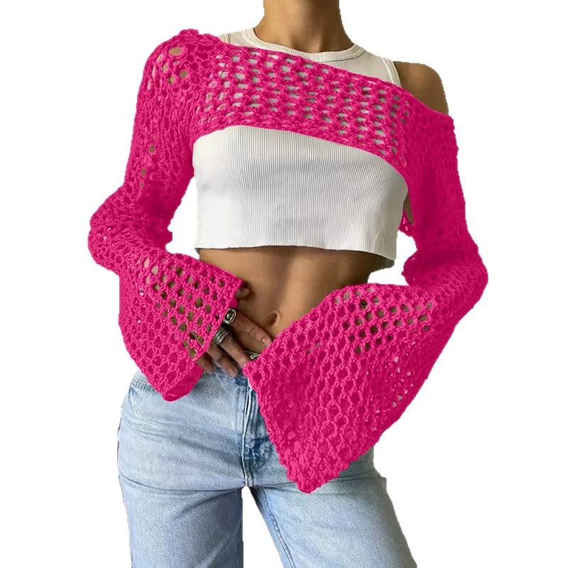 Women's Hand-Knitted Sweater, Casual Ultra-Short Style With Flared Sleeves