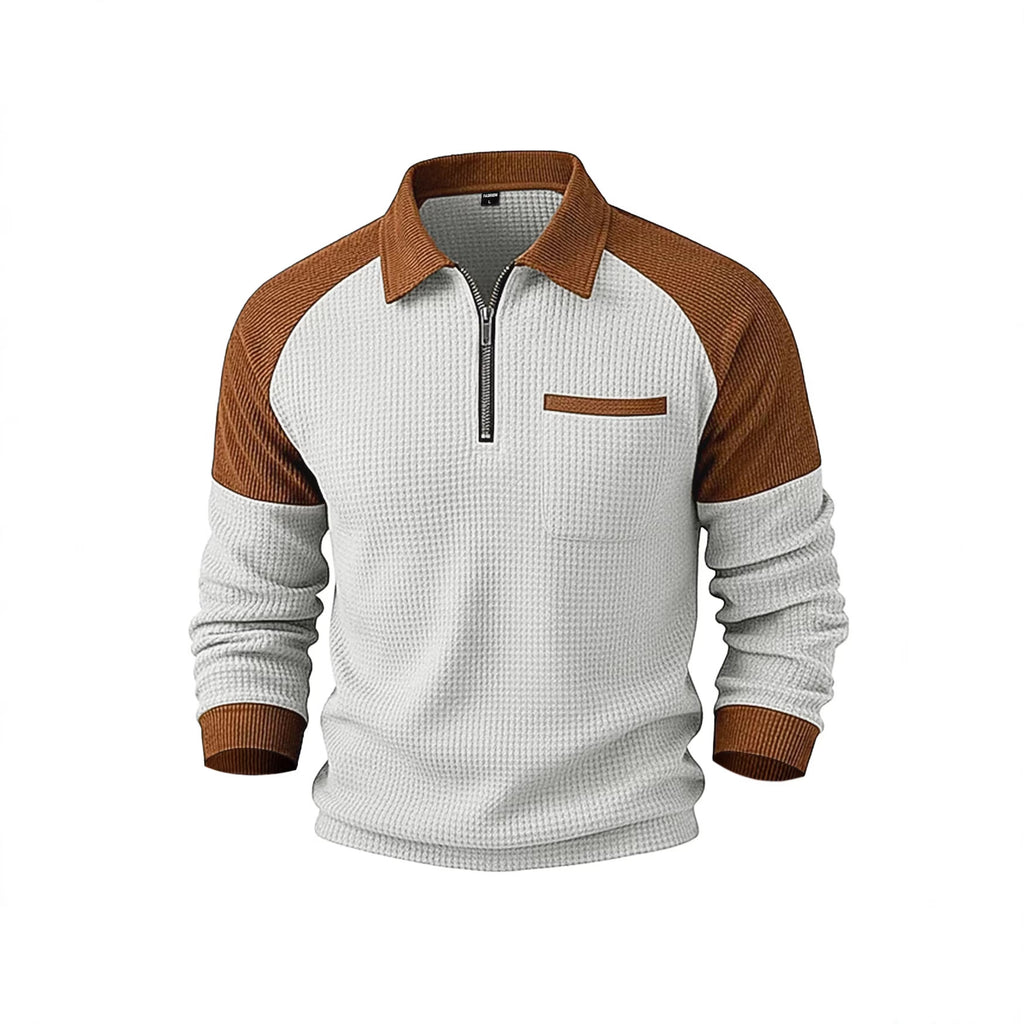Men's Waffle-Weave Lapel Half-Zip Polo Shirt Top Casual Sweatshirt