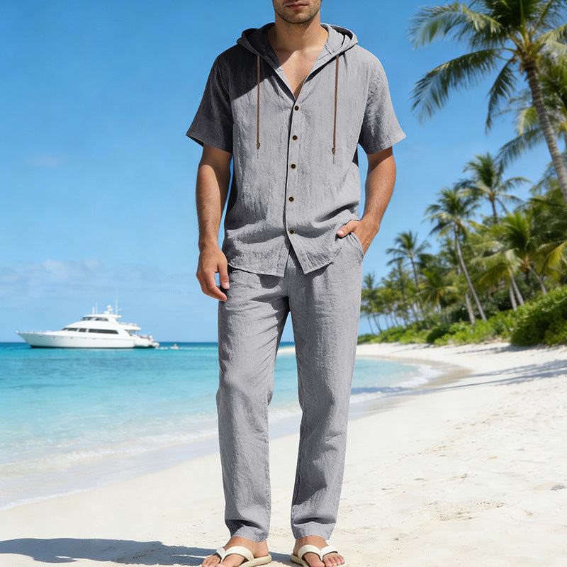 Men's Summer Loose Casual Hooded Short-Sleeve Shirt Set