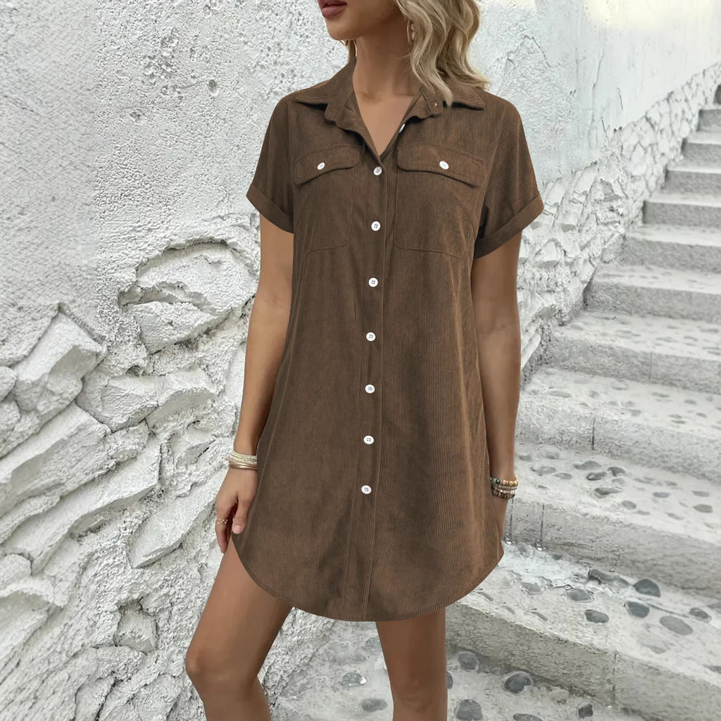 Retro Casual Corduroy Shirt Dress Loose Short-Sleeve Dress