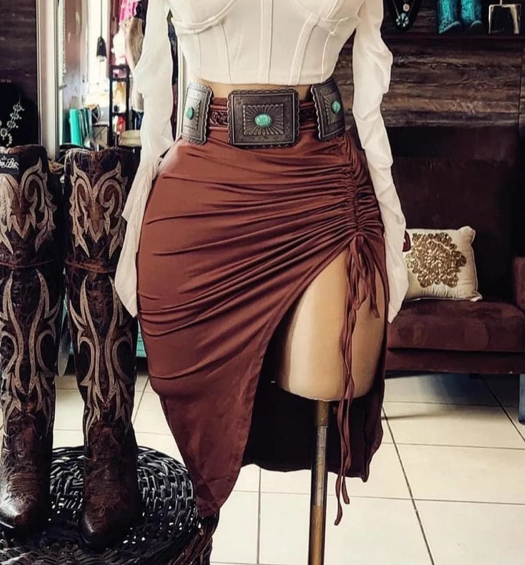 Figure-flattering Slimming Pleated Drawstring High-waist Slit Skirt