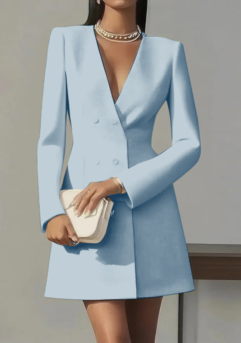 Solid-color V-neck Suit-style French Dress For Women