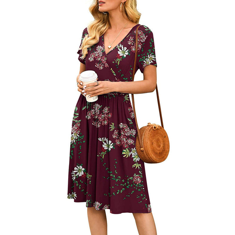 Womens Short-Sleeve Printed Pocket Mid-Length Cinched Dress