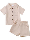 Baby Boy Cotton-Linen Solid Color Textured Fabric Lapel Collar Short-Sleeve Top Elastic Waist Shorts Set