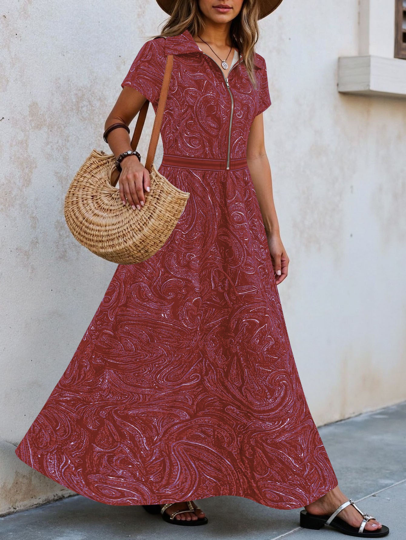Printed Lapel Collar Defined Waist A-Line Maxi Dress