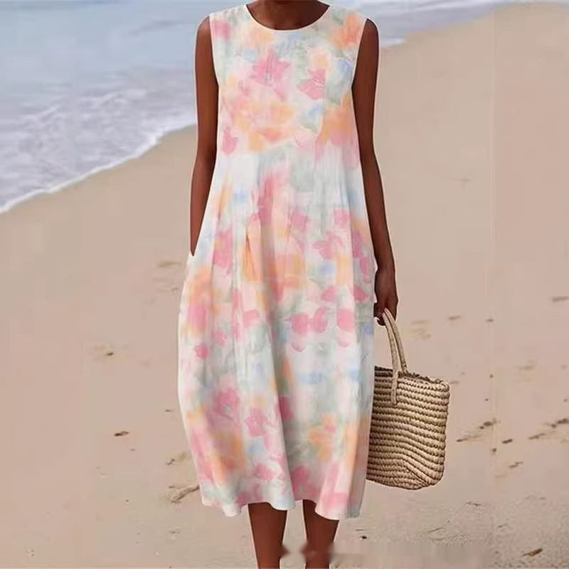 Sleeveless Dress With Abstract Botanical Color Patterns