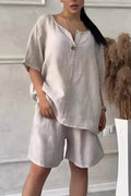 Cotton-linen Shirt Set With High-waisted Loose Shorts For Women
