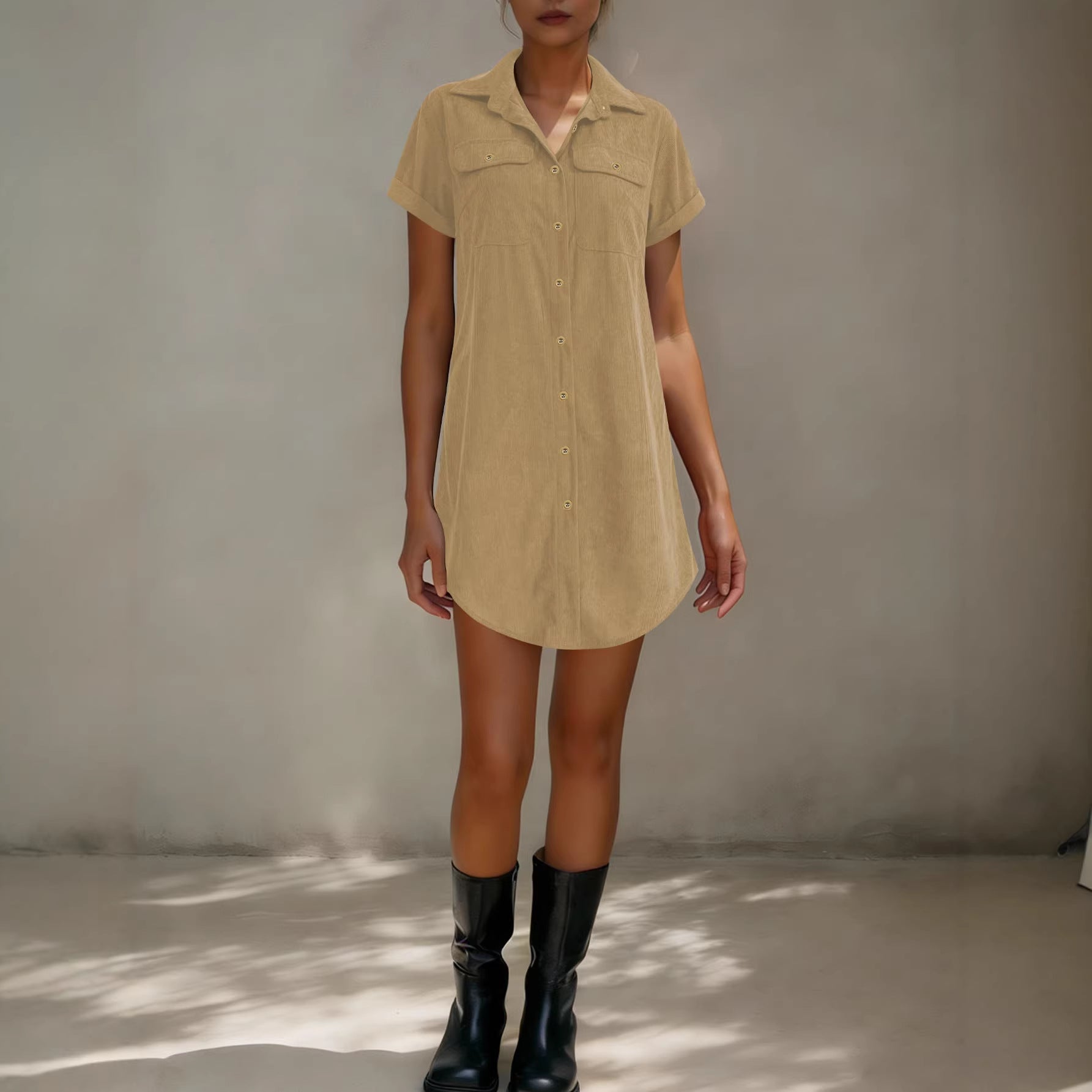 Retro Casual Corduroy Shirt Dress Loose Short-Sleeve Dress