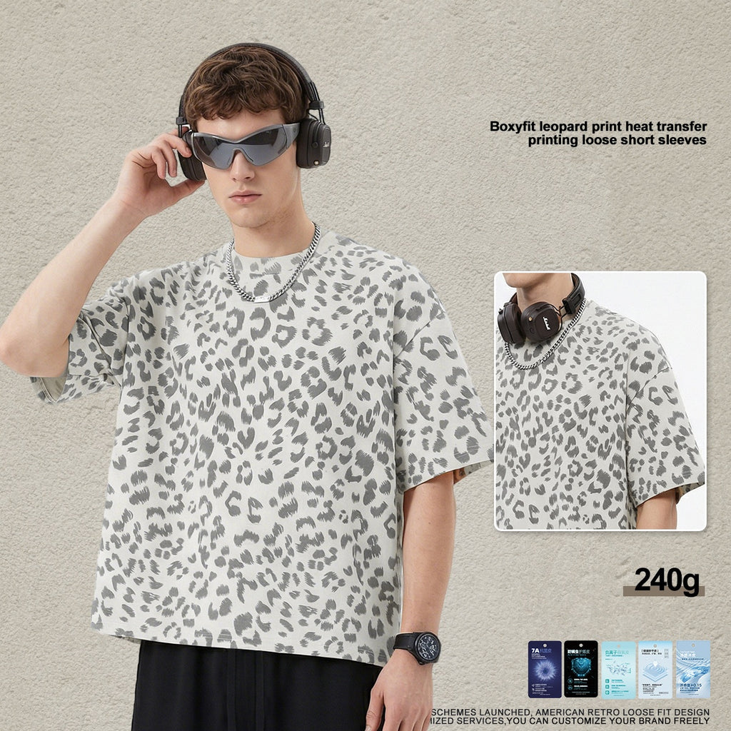 Plus-size Casual Loose-fit Leopard-print Crewneck Short-sleeve T-shirt