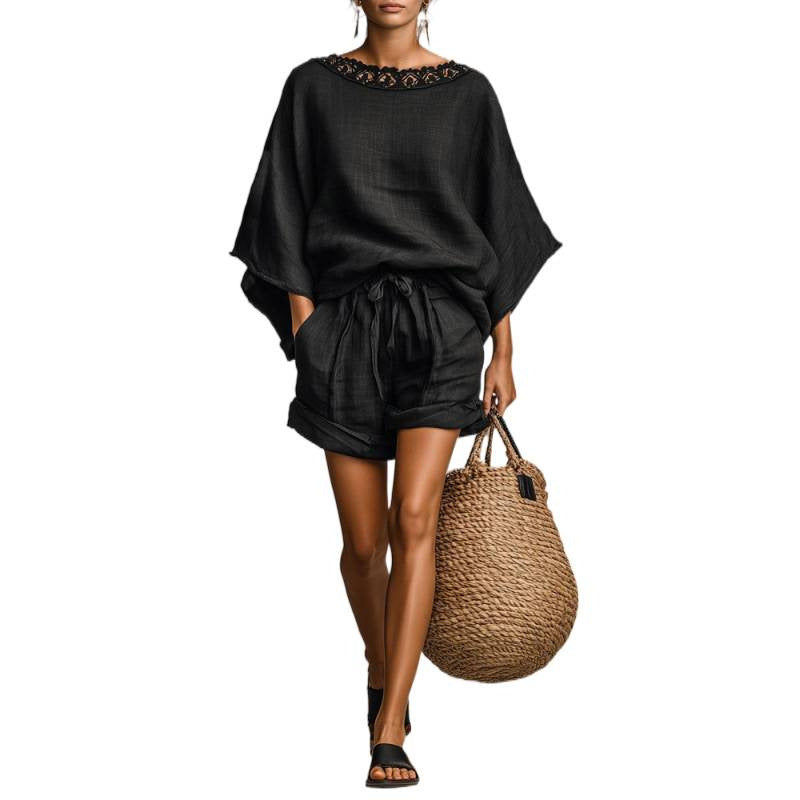 Loose-fitting Solid-color Casual T-shirt And Shorts Set