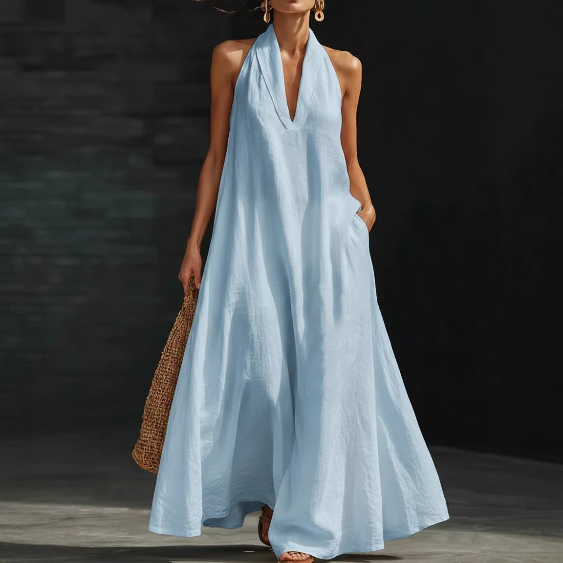 Women's Casual Solid Color V-Neck Dress