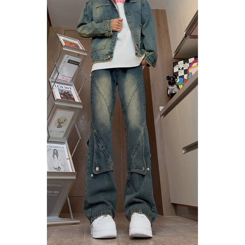 Men's Loose Straight-Leg Wide-Leg Patchwork Flared Workwear Jeans