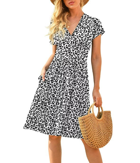 Womens Short-Sleeve Printed Pocket Mid-Length Cinched Dress