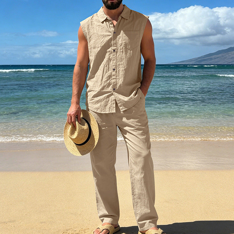 Mens Loose Linen Casual Sleeveless Shirt And Straight-Leg Pants Set