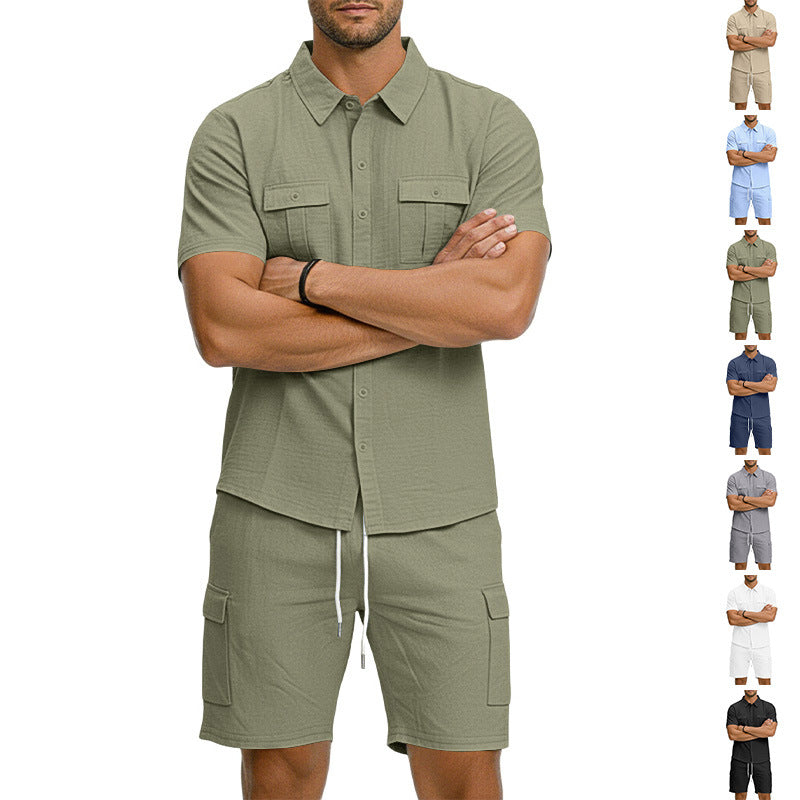 Men's Lapel Shirt And Multi-Pocket Shorts Set