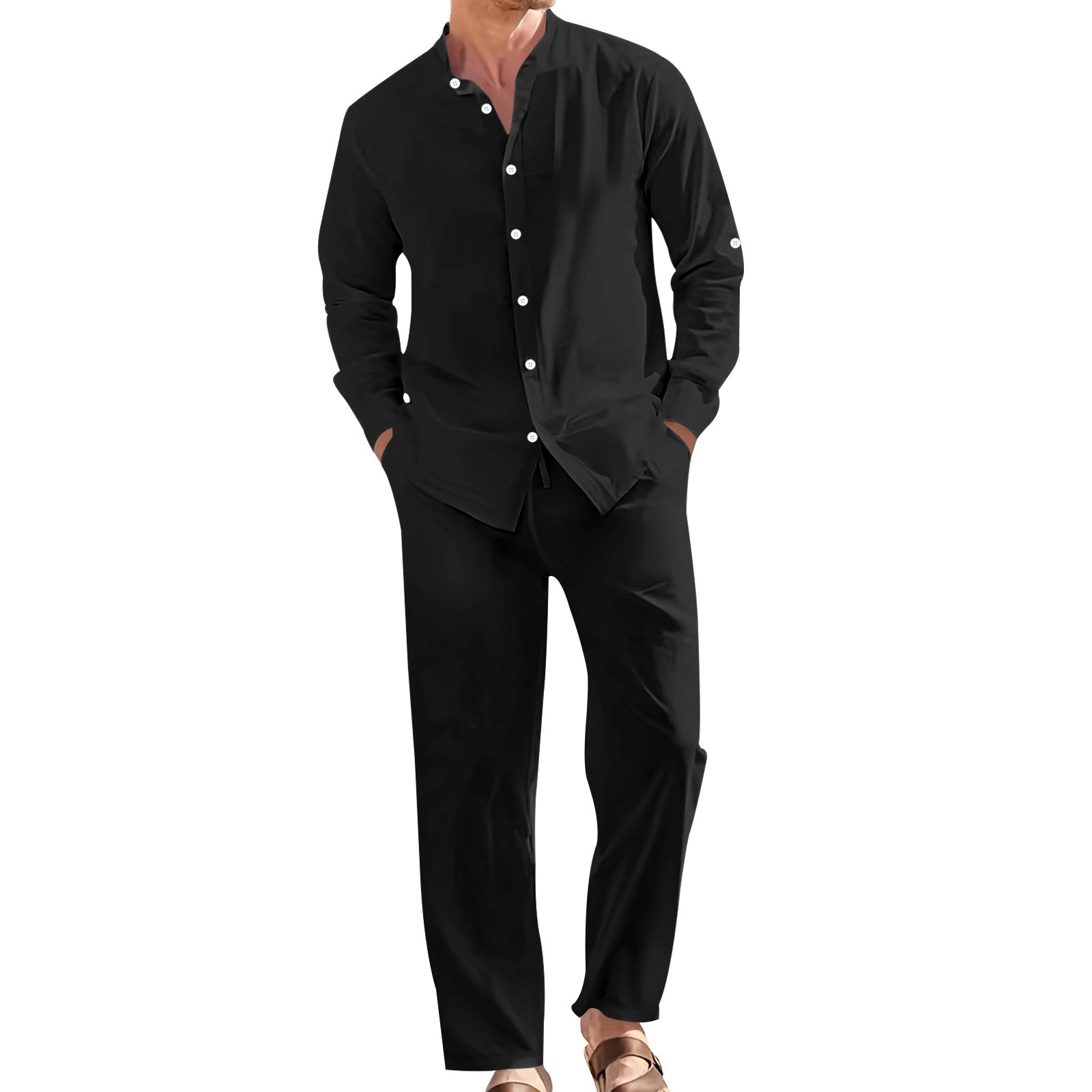 Men's Linen Casual Stand-Collar Shirt And Loose-Fit Trousers Set