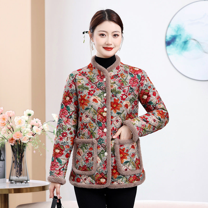 Moms Fleece-Lined Thickened Leopard-Print Cotton Padded Coat