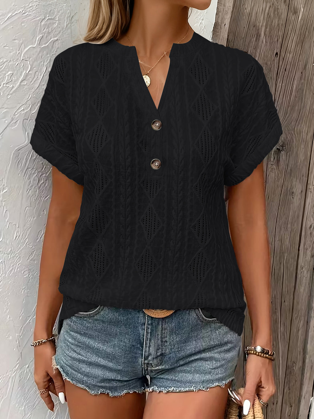Fashionable Casual Solid-Color Buttoned V-Neck T-Shirt For Women