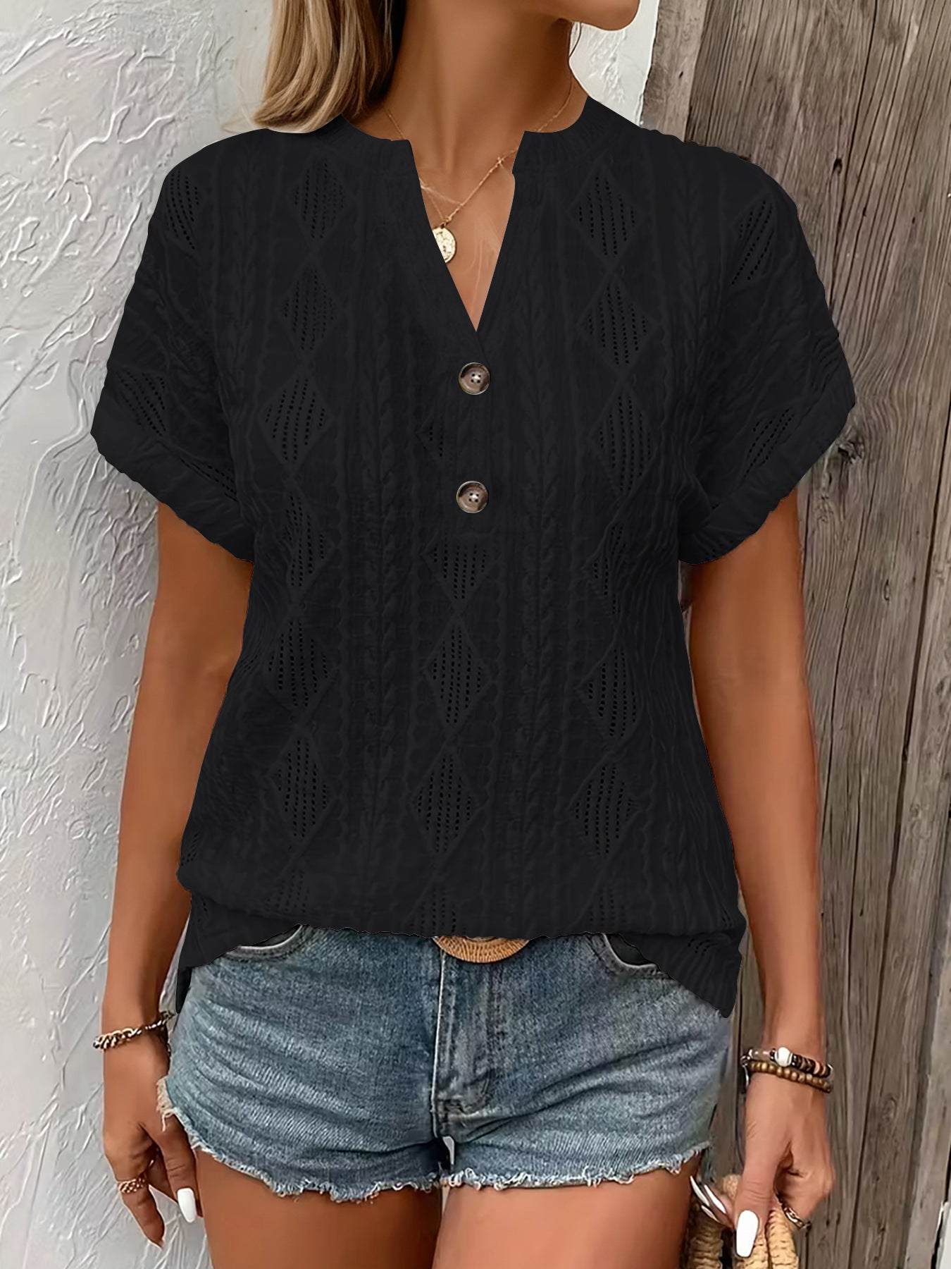 Fashionable Casual Solid-Color Buttoned V-Neck T-Shirt For Women