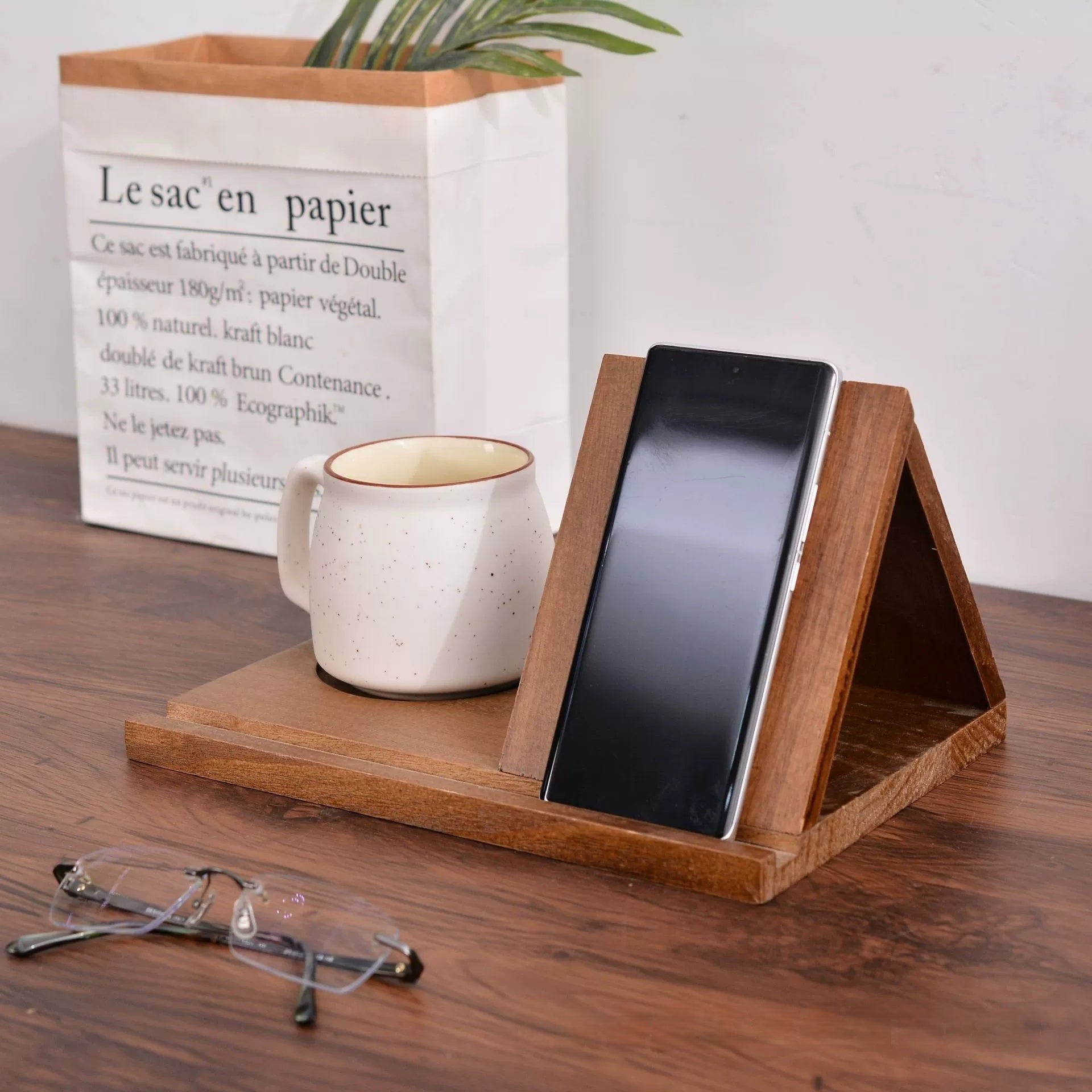 Wooden Triangle Bookmark Rack With Cup Base