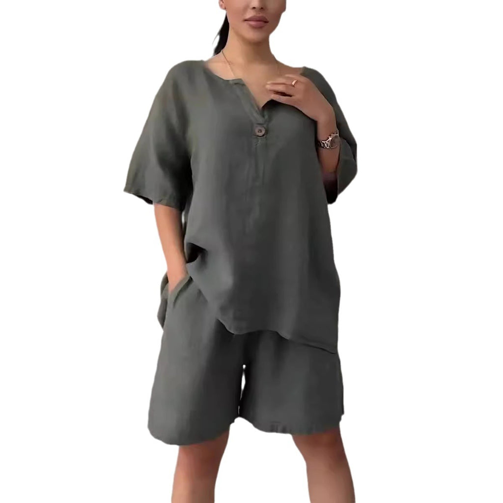 Cotton-linen Shirt Set With High-waisted Loose Shorts For Women