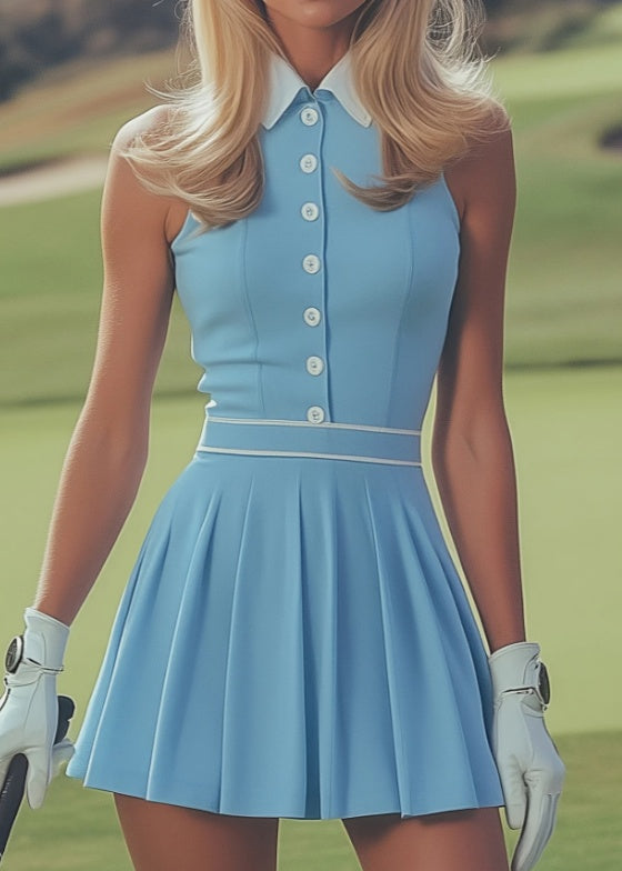 Color-blocked Collared Sleeveless Fitted Waist Pleated Sports Dress