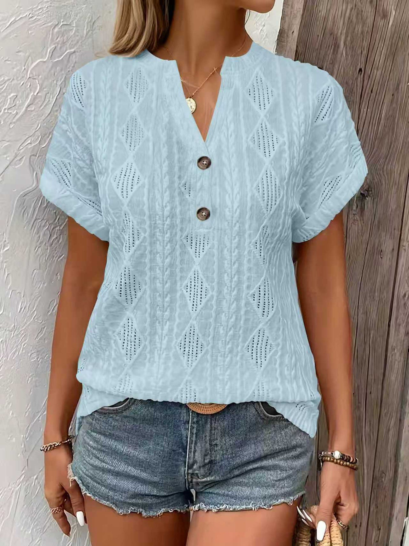 Fashionable Casual Solid-Color Buttoned V-Neck T-Shirt For Women