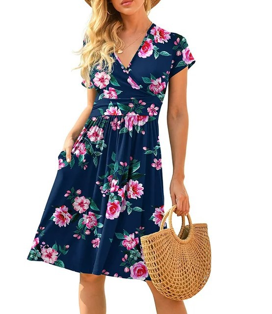 Womens Short-Sleeve Printed Pocket Mid-Length Cinched Dress