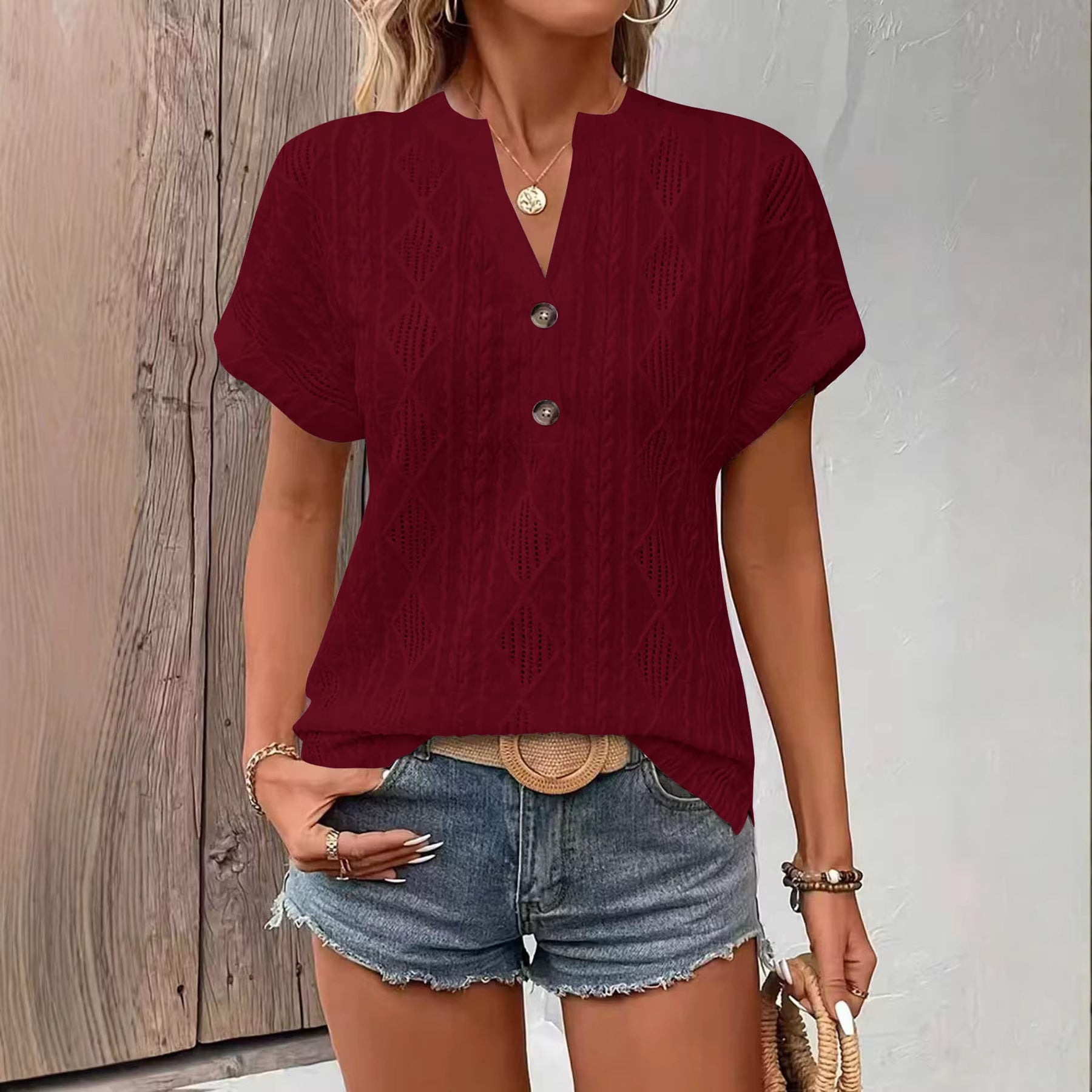 Fashionable Casual Solid-Color Buttoned V-Neck T-Shirt For Women