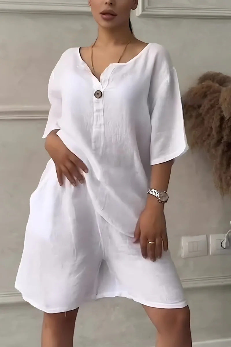 Cotton-linen Shirt Set With High-waisted Loose Shorts For Women