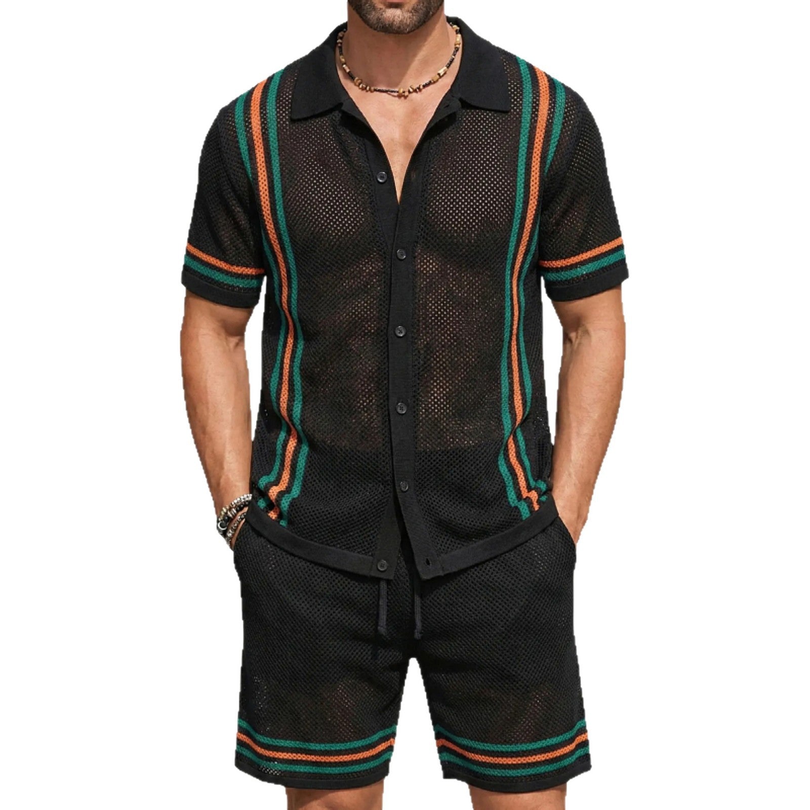 Men's Hollow-Out Short-Sleeve Knitted Sweater Set