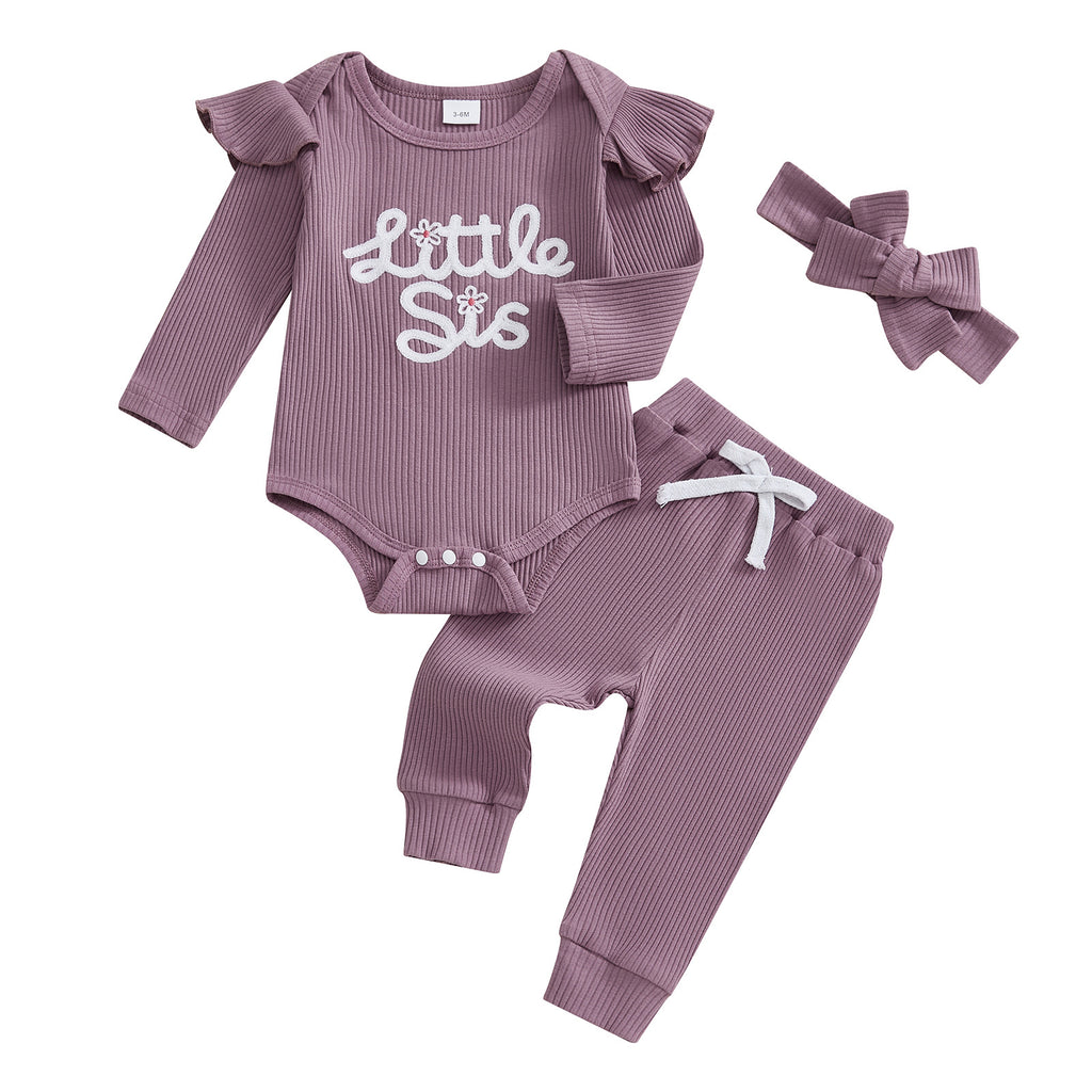 Long-sleeve Embroidered Letter Onesie Long Pants Headscarf