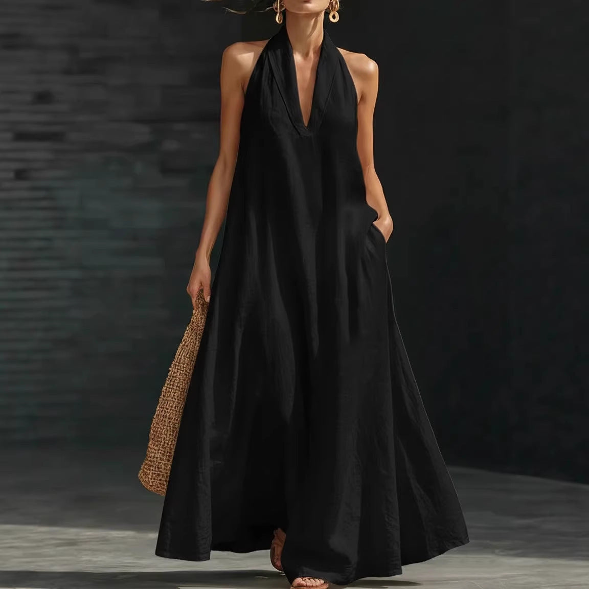 Women's Casual Solid Color V-Neck Dress