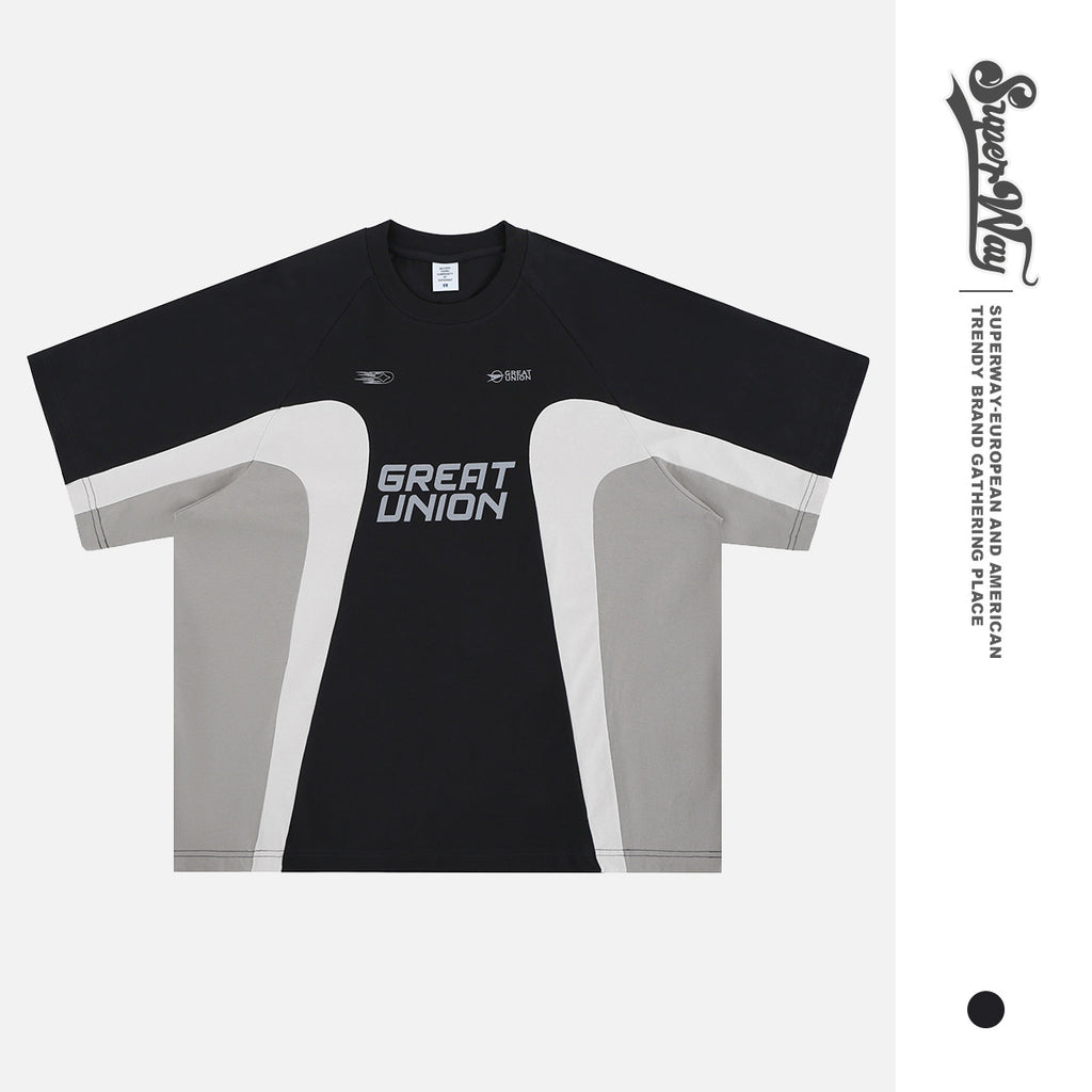 Mens American Retro Racing Club Patchwork Crewneck Short-Sleeve T-Shirt