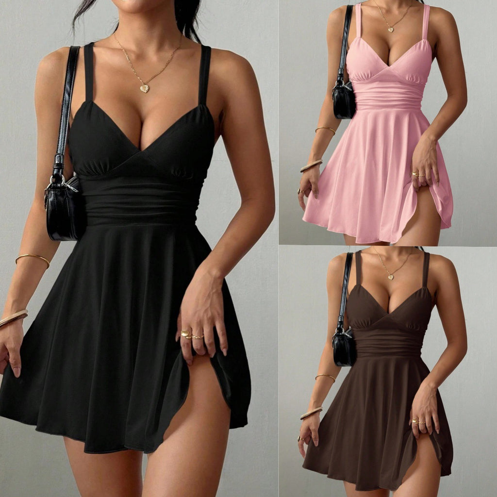 Women's Solid Color Casual Strap V-Neck Formal Dress