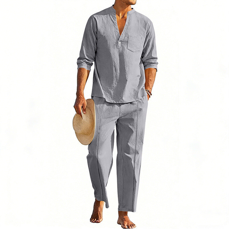 Casual Men's Henley Long-Sleeve Straight-Leg Pants Set